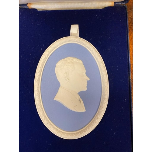 212 - Boxed Wedgwood Portrait Medallion Approx 12cm x 8.5cm in Pale Blue & White Jasperware of Richard M N... 