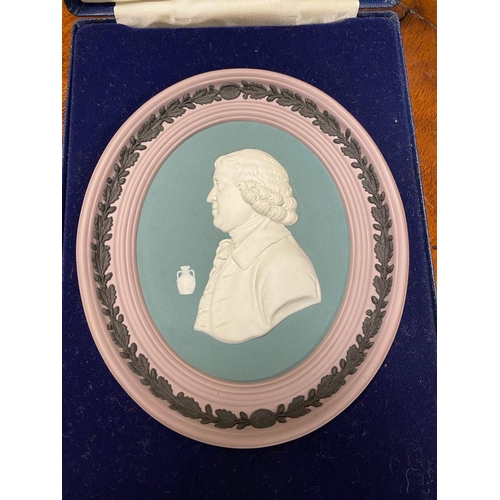 220 - Boxed Wedgwood Portrait Medallion of Josiah Wedgwood in White on Teal Jasperware with Black on Lilac... 