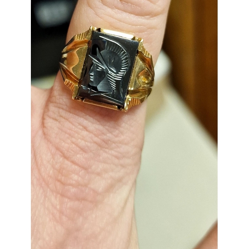 173i - 10ct Gold Gent's Signet Ring w/an interesting Roman Soldier Decal to the face - size U & 5.4g - Mili... 