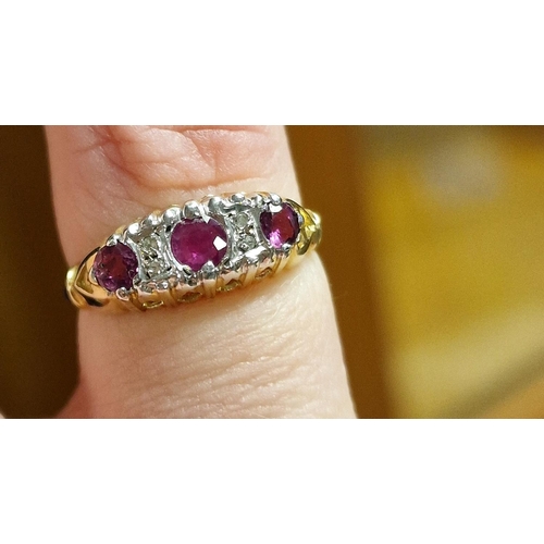 173j - Vintage 9ct Gold, Ruby and Diamond Dress Ring - size j+0.5