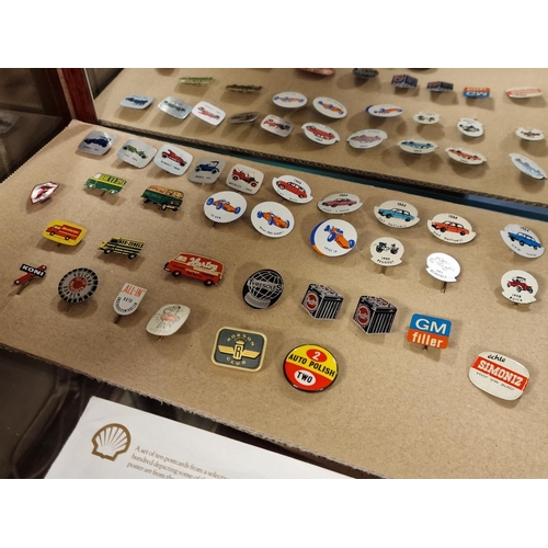 294 - Collection of Vintage Motor/Transport Classic Car Pin Badges + an Assortment of Ten Shell Poster Art... 