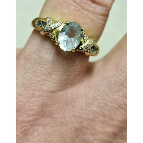 108 - 9ct Gold, Blue Topaz and Diamond Dress Ring, size Q & 2.9g