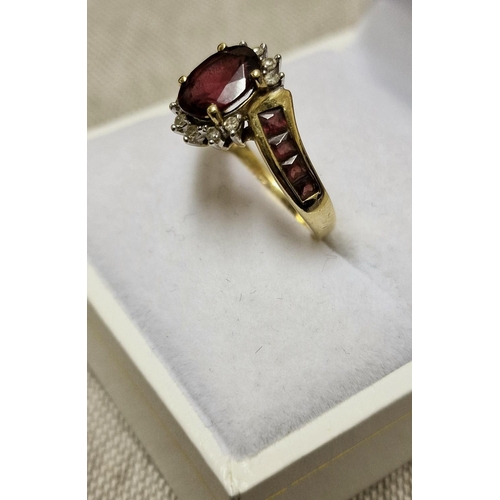 113 - 9ct Gold, Ruby & Diamond Dress Ring w/diamond shoulders - size M