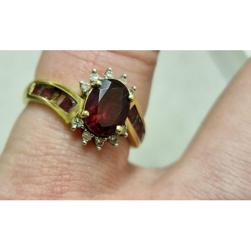 113 - 9ct Gold, Ruby & Diamond Dress Ring w/diamond shoulders - size M