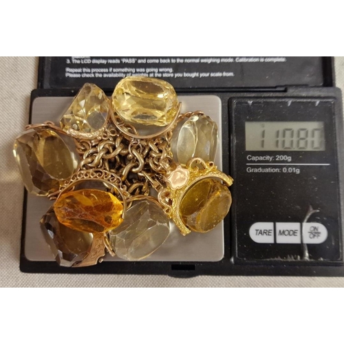 125 - Antique 9ct Gold & Citrine Bracelet, w/eight Edwardian Large Citrine Stones and Gold Fobs with a Bel... 