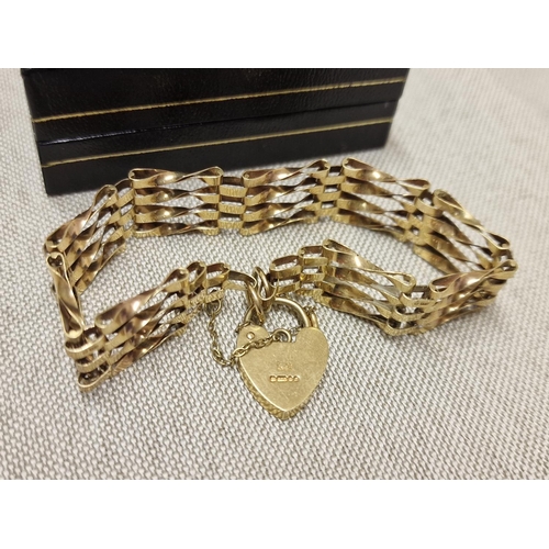 145 - Vintage 9ct Gold Gate Bracelet w/Heart-Lock Padlock clasp & Safety Chain - 9.5g