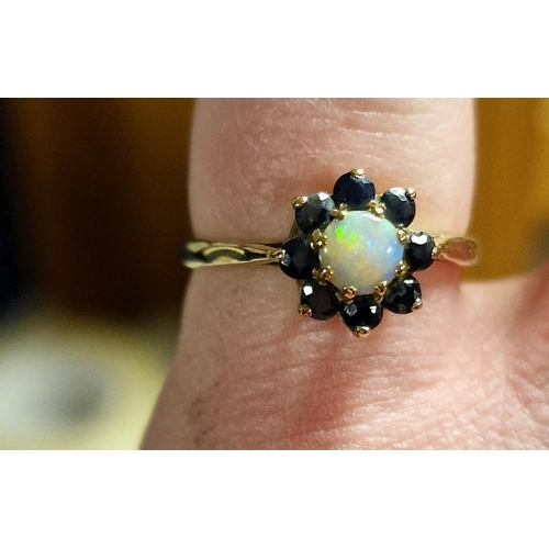 23 - 9ct Gold, Opal & Sapphire Cluster Ring, size N & 2.1g