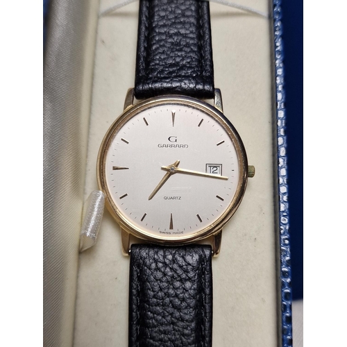 47 - Garrard 9ct Gold Leather Strap Wristwatch Watch - with inscription to reverse, as was presented by J... 