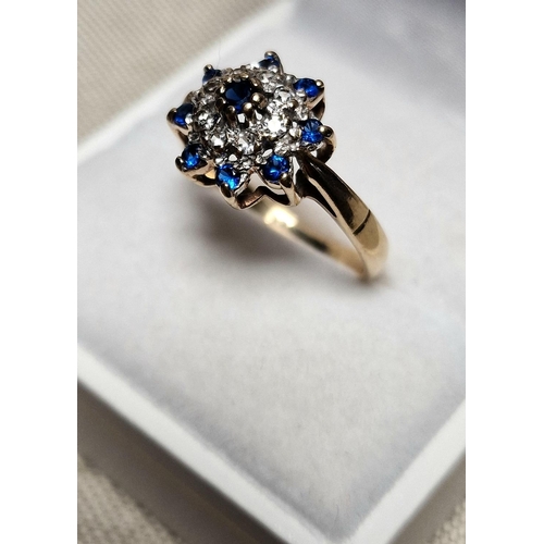 5 - 9ct Gold, Diamond & Sapphire Cluster Ring, size O+0.5 & 3g