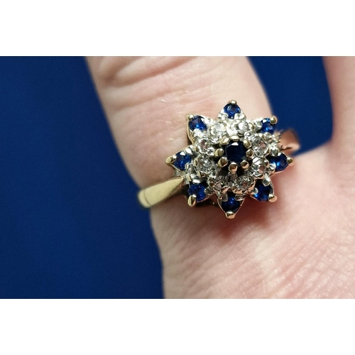 5 - 9ct Gold, Diamond & Sapphire Cluster Ring, size O+0.5 & 3g