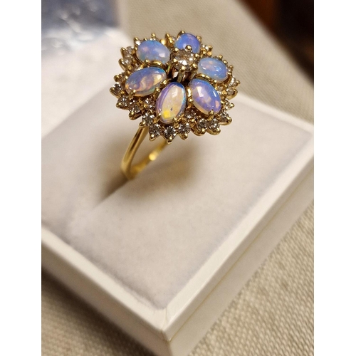 51 - 18ct Gold, Diamond & Multi Opal Cluster Ring - 6.95g & size O