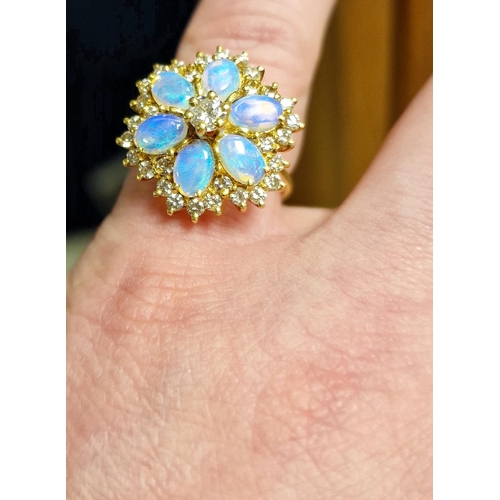 51 - 18ct Gold, Diamond & Multi Opal Cluster Ring - 6.95g & size O