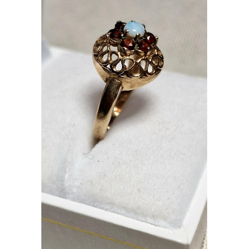 55 - 9ct Gold, Opal & Garnet Cluster Ring, Size L & 3.0g approx