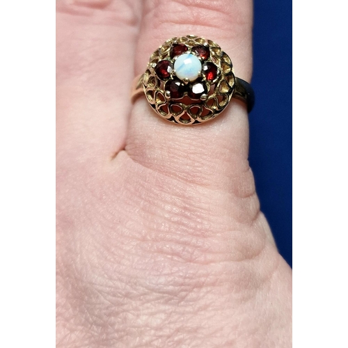 55 - 9ct Gold, Opal & Garnet Cluster Ring, Size L & 3.0g approx