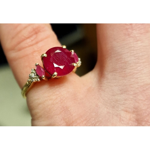 61 - 10ct Gold, Ruby & Diamond Cluster Dress Ring, 3.3g & size J