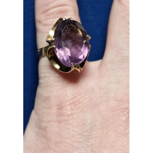 66 - 9ct Gold & Large Stone (12x8mm) Ameythst Ring, Size N and weighs 4.8g approx