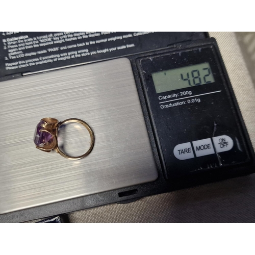 66 - 9ct Gold & Large Stone (12x8mm) Ameythst Ring, Size N and weighs 4.8g approx