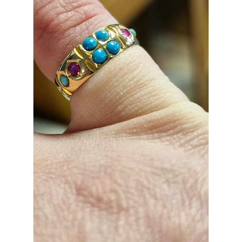 75 - Antique 15ct Turquoise & Ruby Mourning Ring, size K & 2g