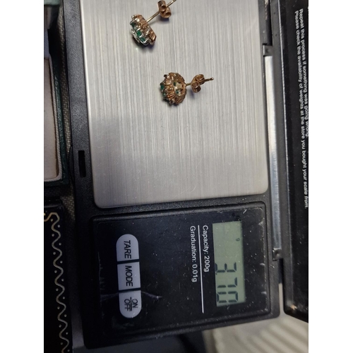 94 - 9ct Gold Large Diamond & Emerald Earrings, Weighs 3.7g approx