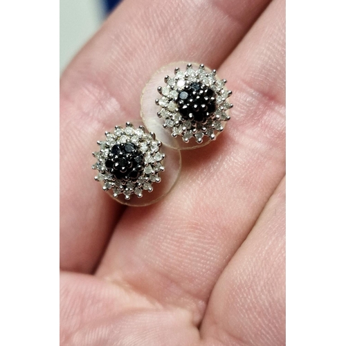 98 - Pair of 9ct Gold & Diamond Earrings, set with white + black brilliant cut diamond clusters approx 0.... 