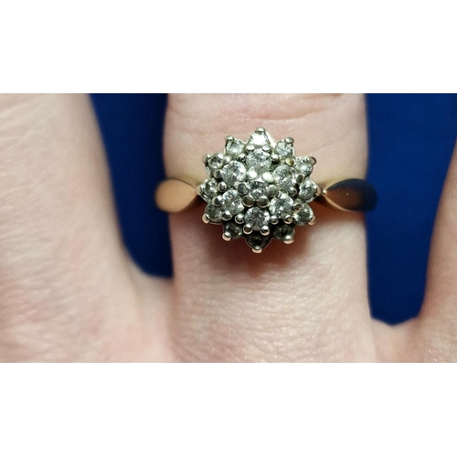 99 - 9ct Gold & Diamond Cluster Ring, Stamped .50ct. Size R & weighs 3.2g