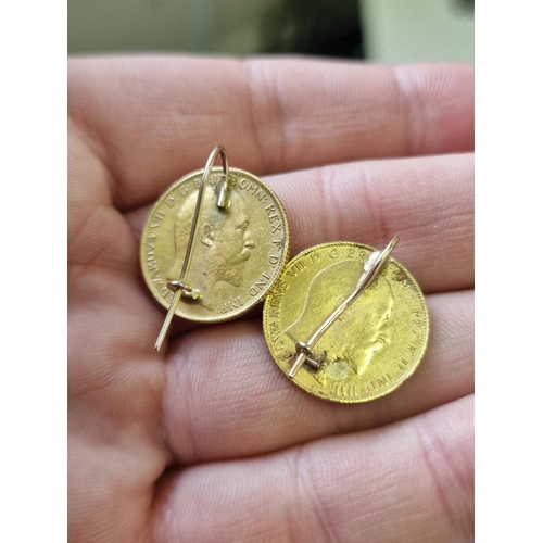 151 - 22ct Gold Pair of 1908 Half Sovereign Coins Earrings + a Small 9ct Medal - total weight 9.25g