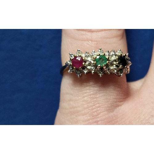 195 - 9ct Gold, Diamond & Three Stone (Ruby, Emerald, Sapphire) Modern Dress Ring - size L+0.5