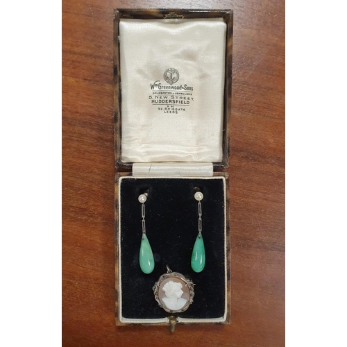 6a - Pair of 18ct Gold, Pearl & Jade Drop Earrings + a Silver Cameo