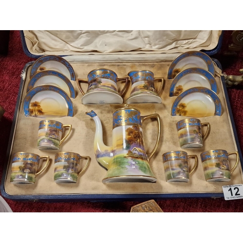 12 - Early Handpainted Noritake Cased Coffee Set