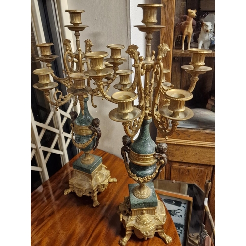 139c - Pair of Vintage Large Brass and Green Marble Candelabras Candlesticks