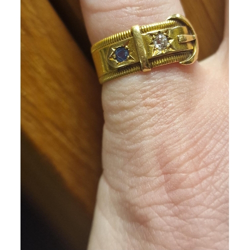 158 - 18ct Gold 1930's Diamond & Sapphire Buckle Ring - Size P & 3.7g