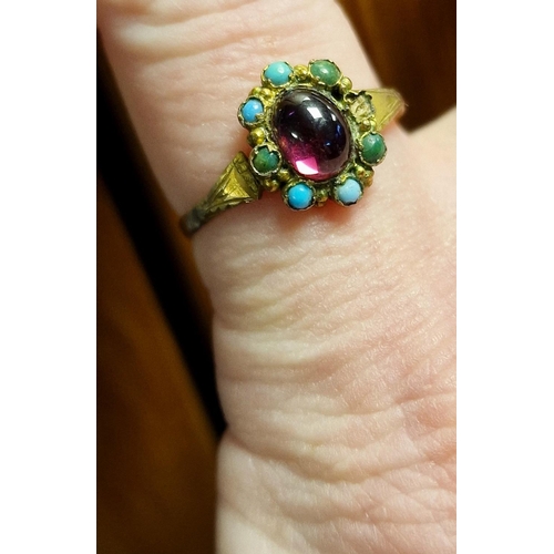 167 - 22ct Gold Victorian Ruby Cabochon & Turquoise Dress Ring, size N - hallmark dates to mid 1850's, 1.6... 