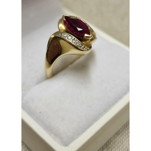 170 - 10ct Gold & Diamond Dress Ring w/a Beautiful Central Red Stone - size N & 3.8g