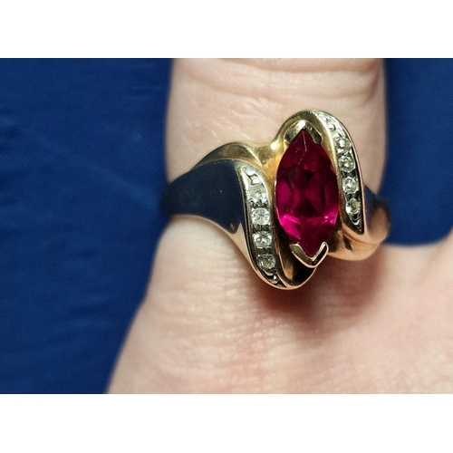 170 - 10ct Gold & Diamond Dress Ring w/a Beautiful Central Red Stone - size N & 3.8g