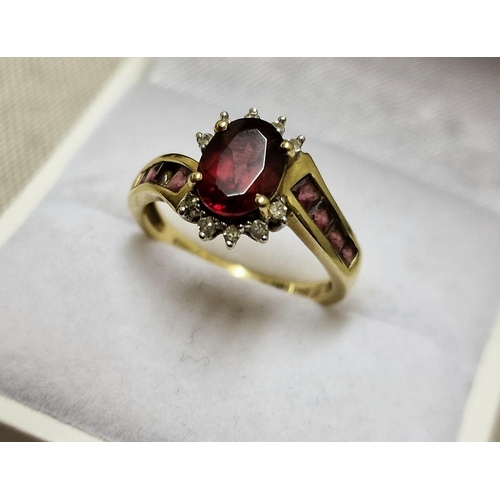 171 - 9ct Gold, Ruby & Diamond Dress Ring w/diamond shoulders - size M & 2.8g