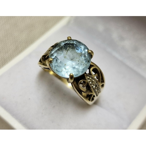 177 - 9ct Gold, Aquamarine & Diamond Chunky Dress Ring, size N+0.5 & 6.35g