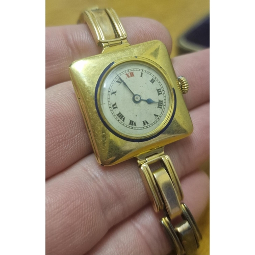 179 - Cased 9ct Gold (unmarked) 1930's Flip Top Cocktail Watch w/plated strap - 27.6g