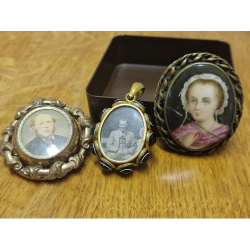 189 - Trio of Antique Portrait Miniature Brooches - furthest left possibly gold