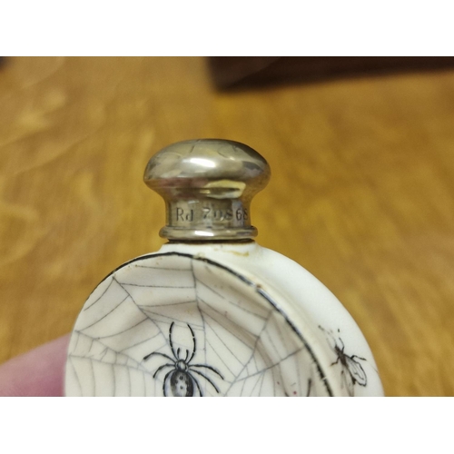 74 - Sampson Mordan Antique 1887 Victorian Silver Mounted Spider & The Fly/Spiders Web Enamel Scet Bottle