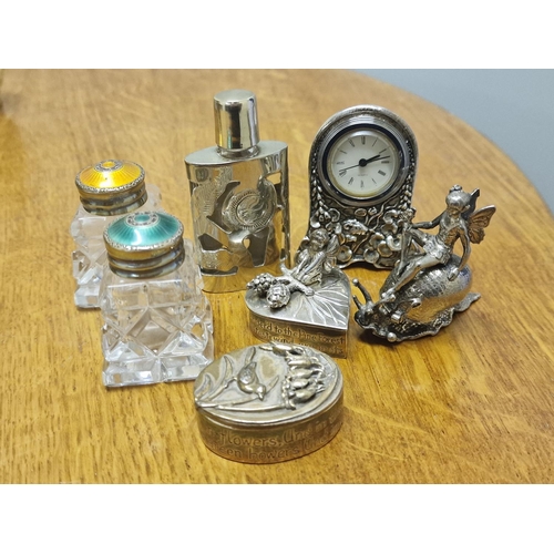 77 - Collection of Silver-Plated and Various Scent Bottles + Miniature Clock, inc a Fairy & Snail Salt