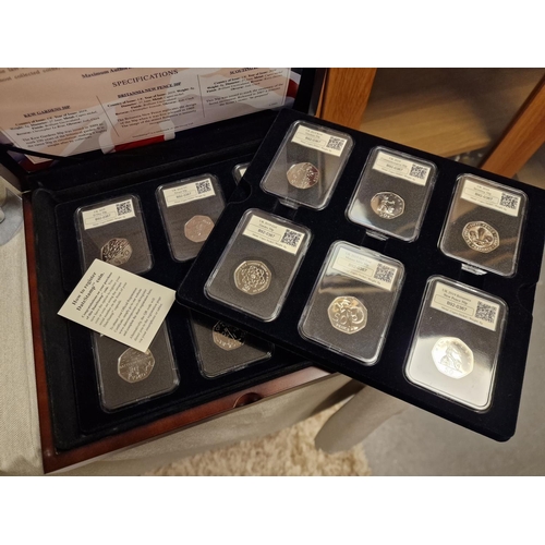 114 - Cased Set of Twelve Datestamp Uncirculated and Mint 50p Piece Coins Currency inc Kew Gardens 50p