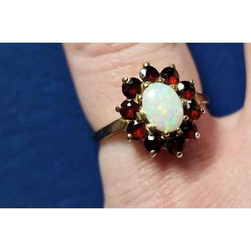 169b - 9ct Gold, Opal & Garnet Cluster Ring, size M