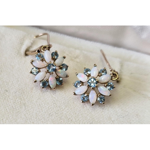 174c - 9ct Gold Pair of Opal & Aquamarine Drop Earrings, 2g