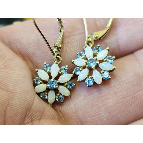 174c - 9ct Gold Pair of Opal & Aquamarine Drop Earrings, 2g