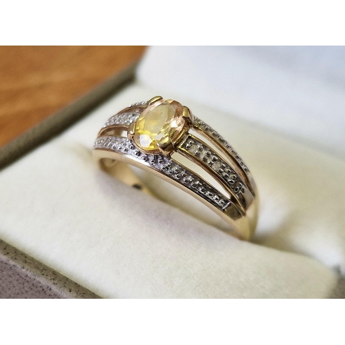 174e - 9ct Gold, Diamond & Citrine Dress Ring, 3.4g weight and size Q+0.5/R