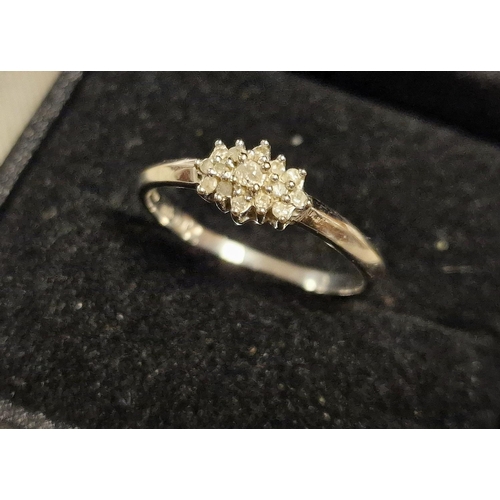 188g - 9ct White Gold & Diamond Cluster Ring (0.15ct), size S+0.5 & 1.9g