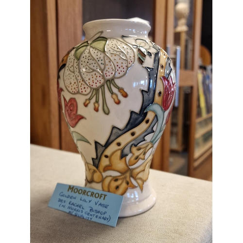 23b - Moorcroft Boxed Golden Lily 1993 Vase, by Rachel Bishop, 6.25