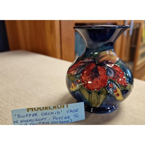 23h - Moorcoft Signed W Moorcroft Blue 'Slipper Orchid' Vase, 3.75