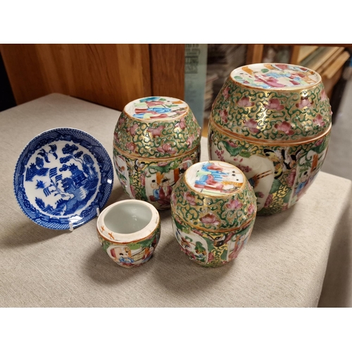 24c - Oriental Japanese Graduated Jar Set, handpainted plus a small dish