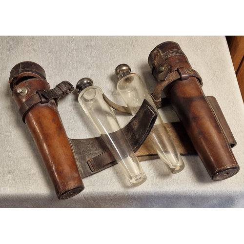 48 - Silver Hunting Flasks w/Leather Cases - one with a silver hallmarked lid+ collar - Birmingham 1901